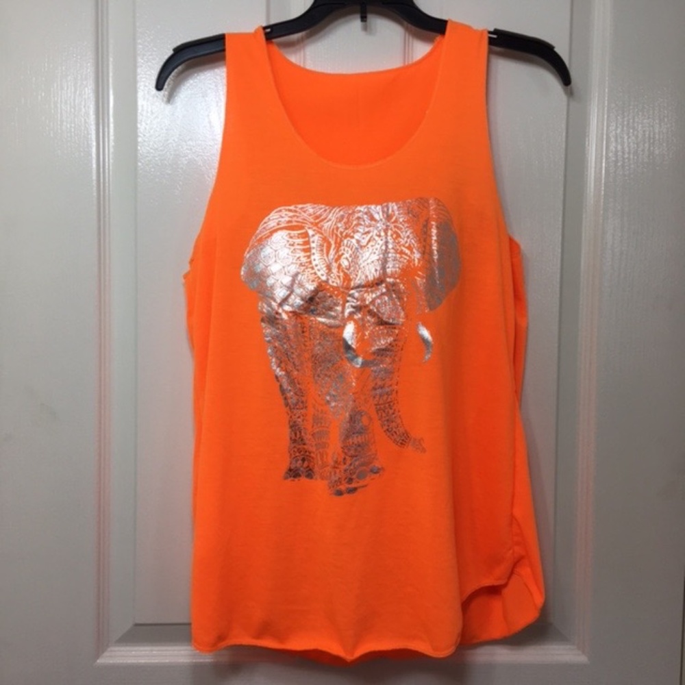 NWOT, Women Sleeveless Tank Top,100% Polyester, Orange, “Elephant” silkscreen